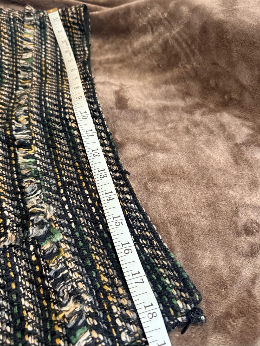 Navy and Green Tweed Fringe Mini Skirt